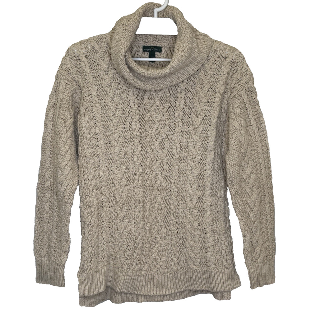 Ralph Lauren LRL Cable Knitβ Sweater Womens Sz Large Cream Turtleneck Side Slits